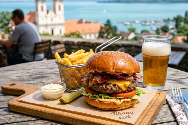 A close-up of a delicious hamburger topped with fresh vegetables and sauces on a wooden table.